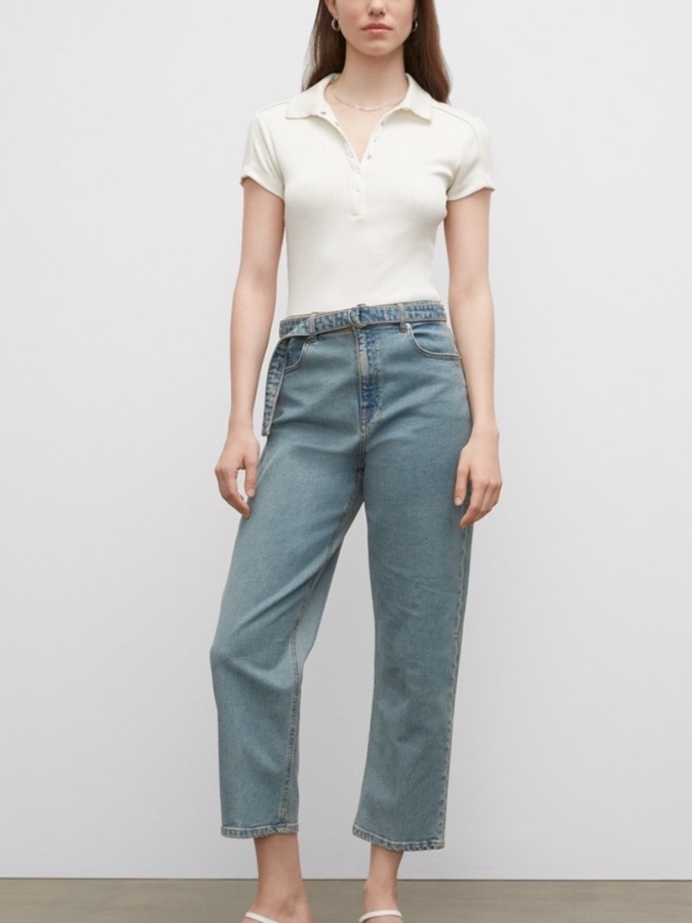 Club Monaco The Easy Crop Jean Ankle Denim Belted Waist Tie Blue Denim